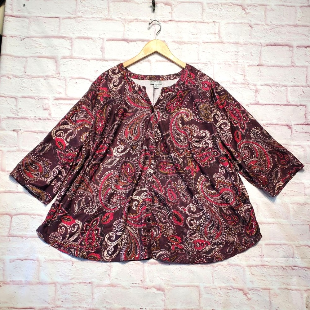 Catherines Boho Paisley Button Front Tunic Top Womens 2XWP Petite Tie Sleeve
